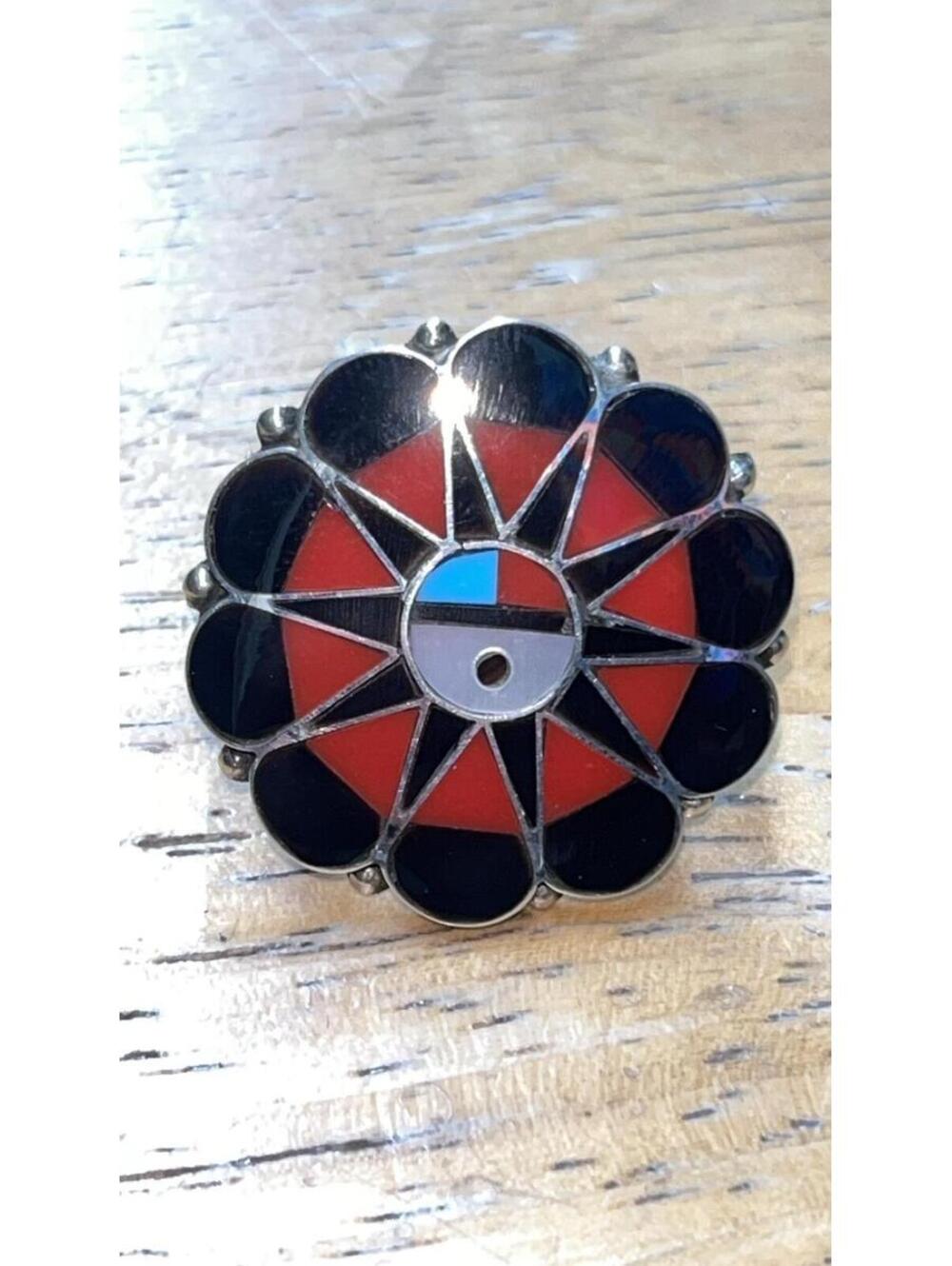 Zuni sterling silver turquoise onyx multi stone traditional inlay sunface ring